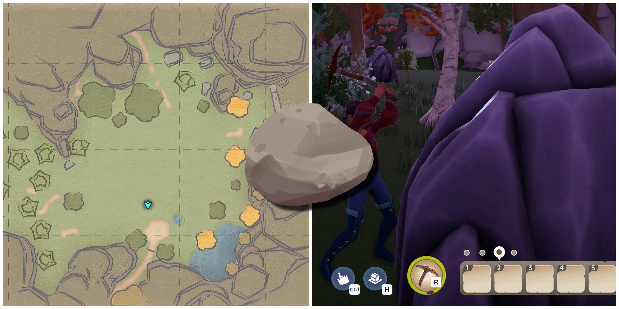 The map of the home lot and a player mining stone at their home