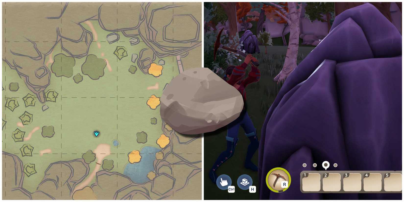 The map of the home lot and a player mining stone at their home
