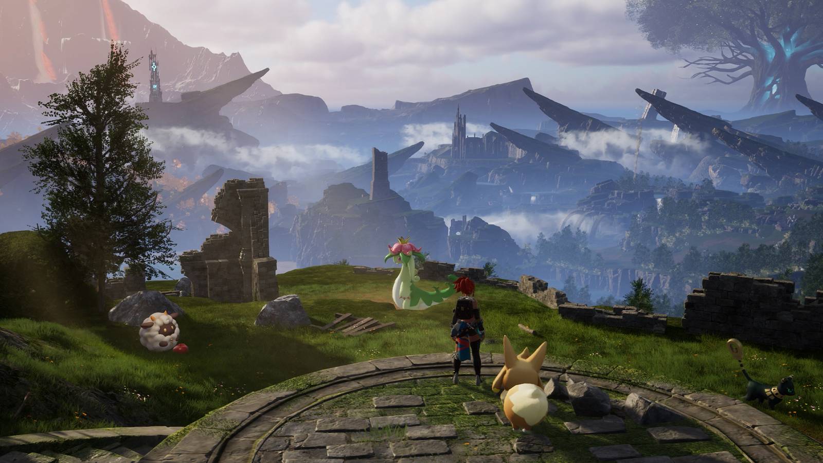 Palworld player and Pals looking out at the open world