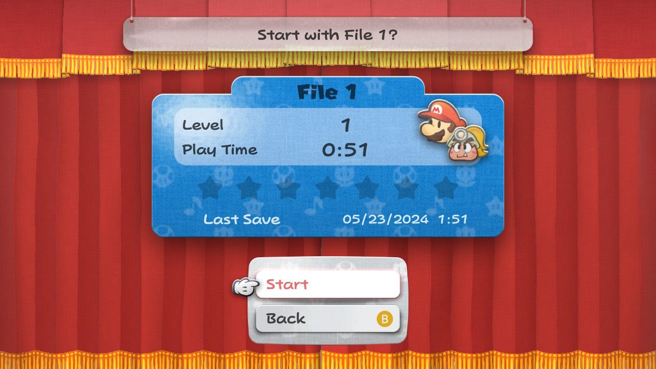 Image of a save file being loaded in Paper Mario The Thousand Year Door