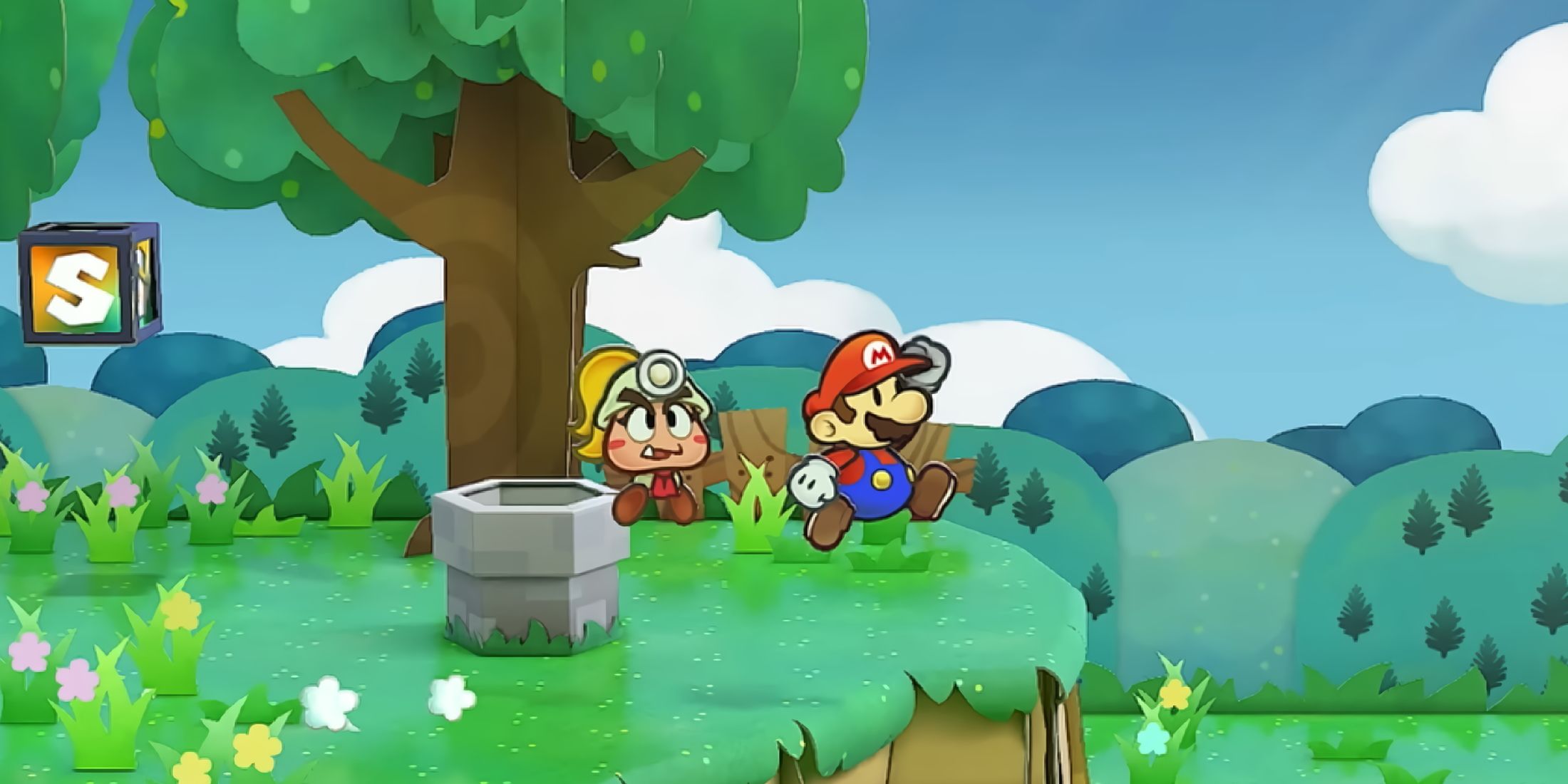 A screenshot from Paper Mario: The Thousand-Year Door (2024) showing Mario and Goombella.