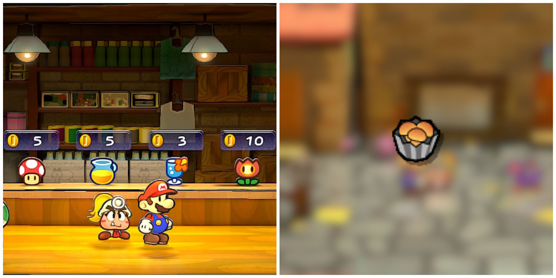 Split image of Mario and Goombella in a store and a Shroom Roast in Paper Mario: The Thousand-Year Door