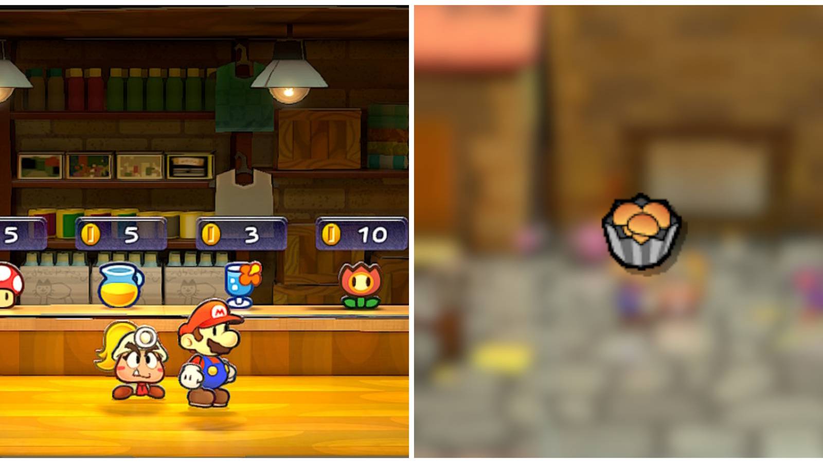 Split image of Mario and Goombella in a store and a Shroom Roast in Paper Mario: The Thousand-Year Door