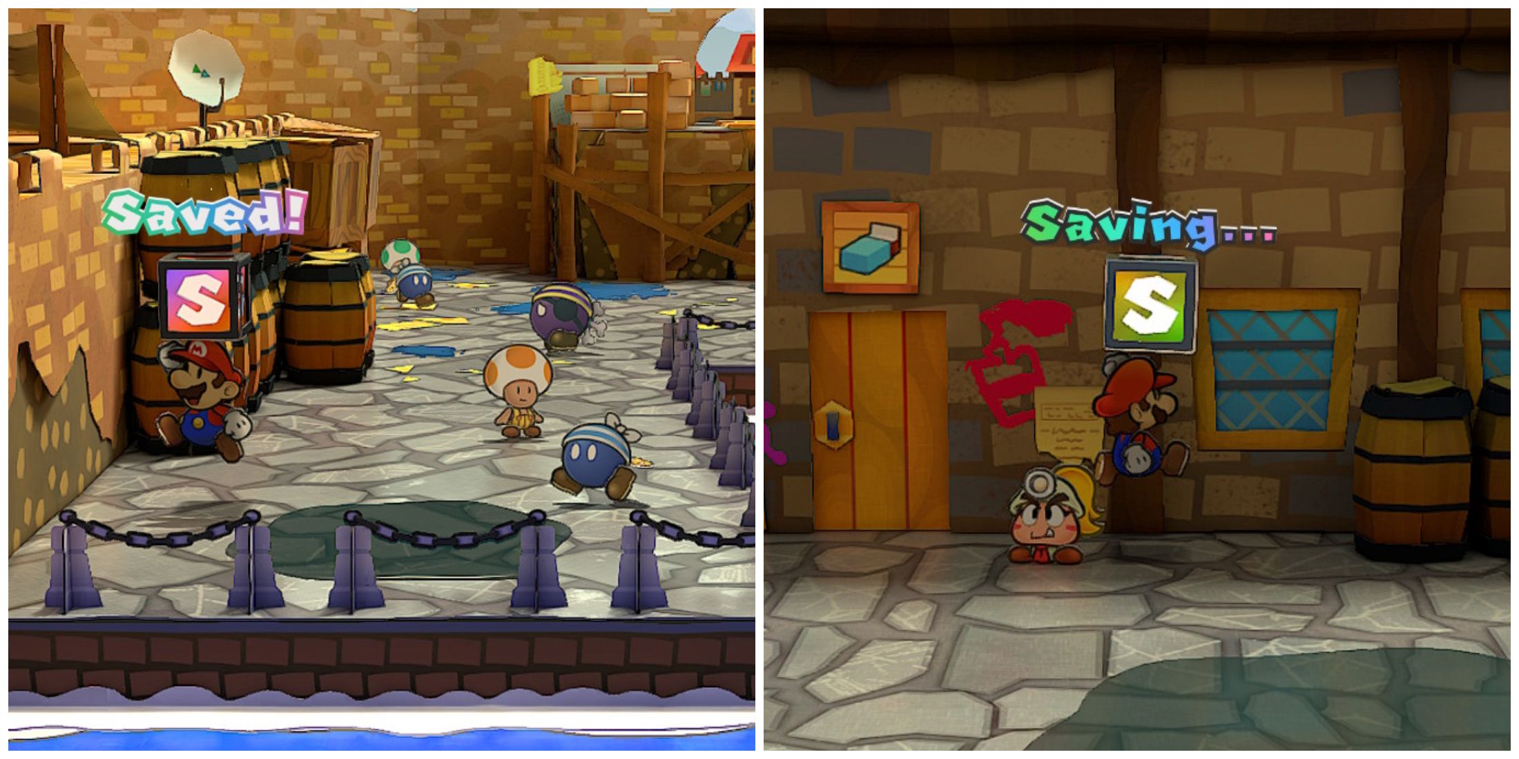 Split image of Mario saving at a save block at the entrance of Rogueport and within Rogueport in Paper Mario The Thousand Year Door