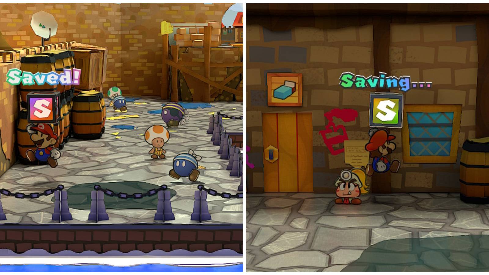 Split image of Mario saving at a save block at the entrance of Rogueport and within Rogueport in Paper Mario The Thousand Year Door