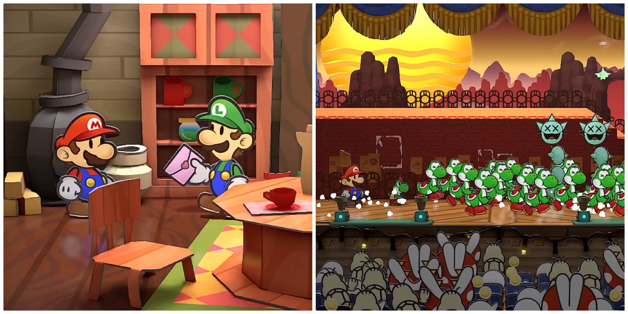Split image of Mario and Luigi and Mario in battle in Paper Mario: The Thousand-Year Door