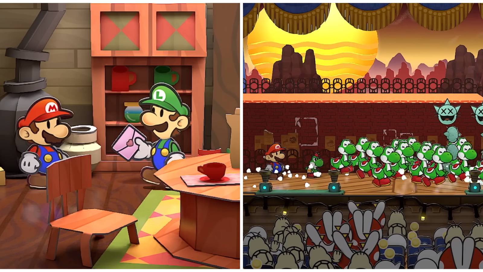 Split image of Mario and Luigi and Mario in battle in Paper Mario: The Thousand-Year Door