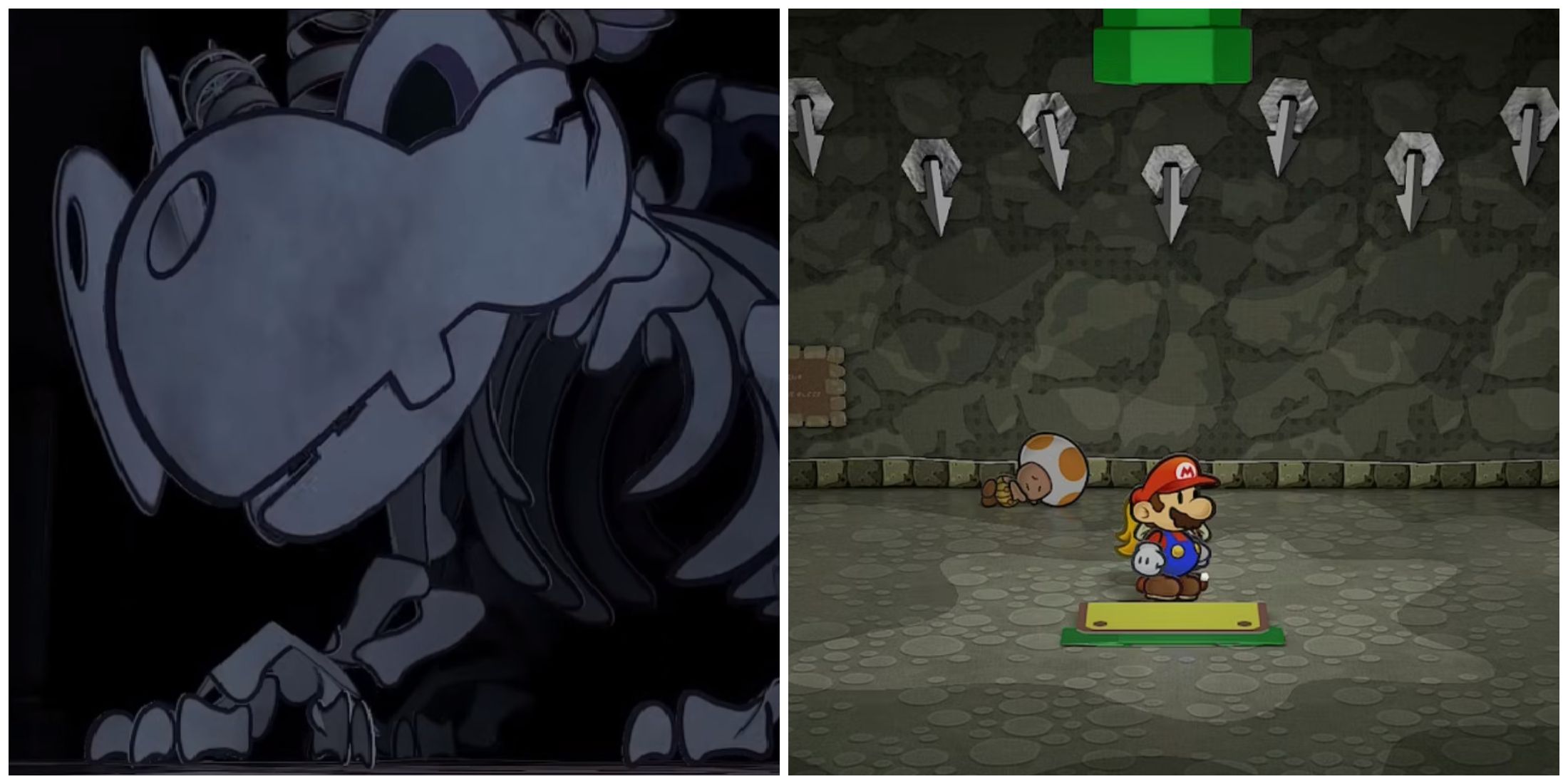 Split image of the boss Bonetail and the Pit of 100 Trials in Paper Mario TTYD