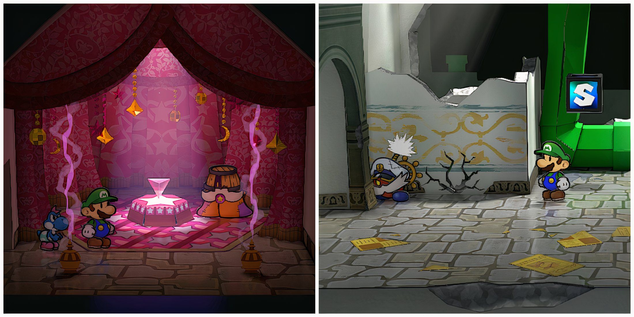 Split image of Chet Rippo's room for respec and Mario throwing Bobbery at a cracked wall in Paper Mario TTYD