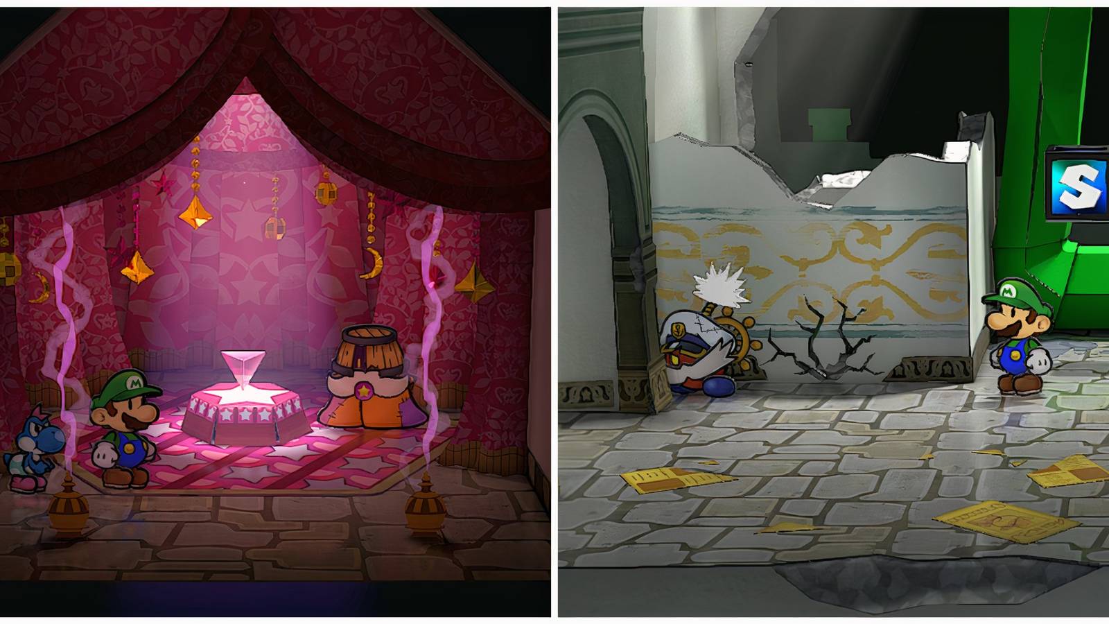 Split image of Chet Rippo's room for respec and Mario throwing Bobbery at a cracked wall in Paper Mario TTYD