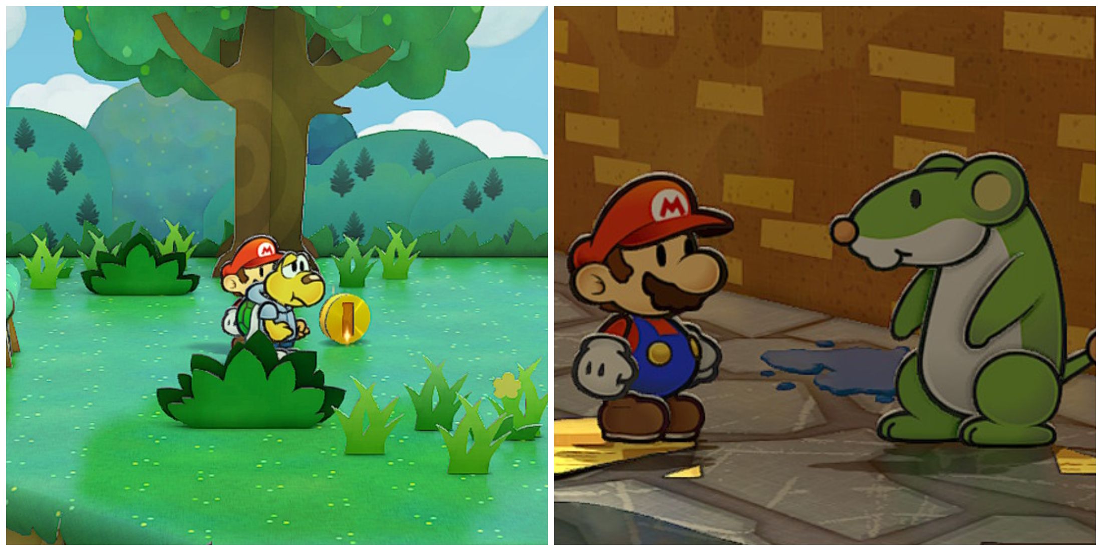 Split image of Mario getting coins after a battle and Mario with Lumpy in Paper Mario: The Thousand Year Door