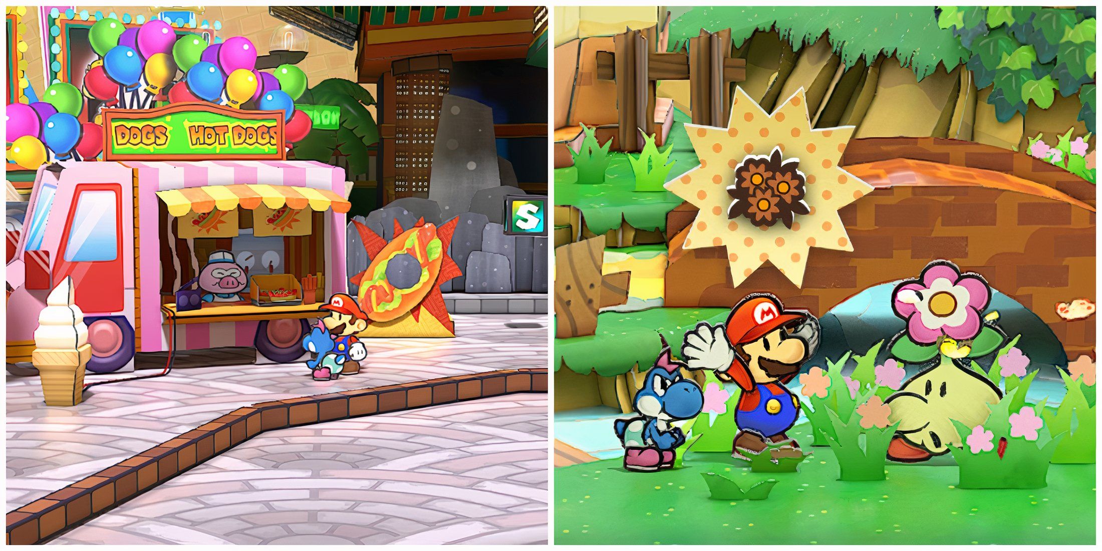 Split image of a hot dog stand and Mario with Bub-ulber after getting some Dried Bouquets in Paper Mario TTYD