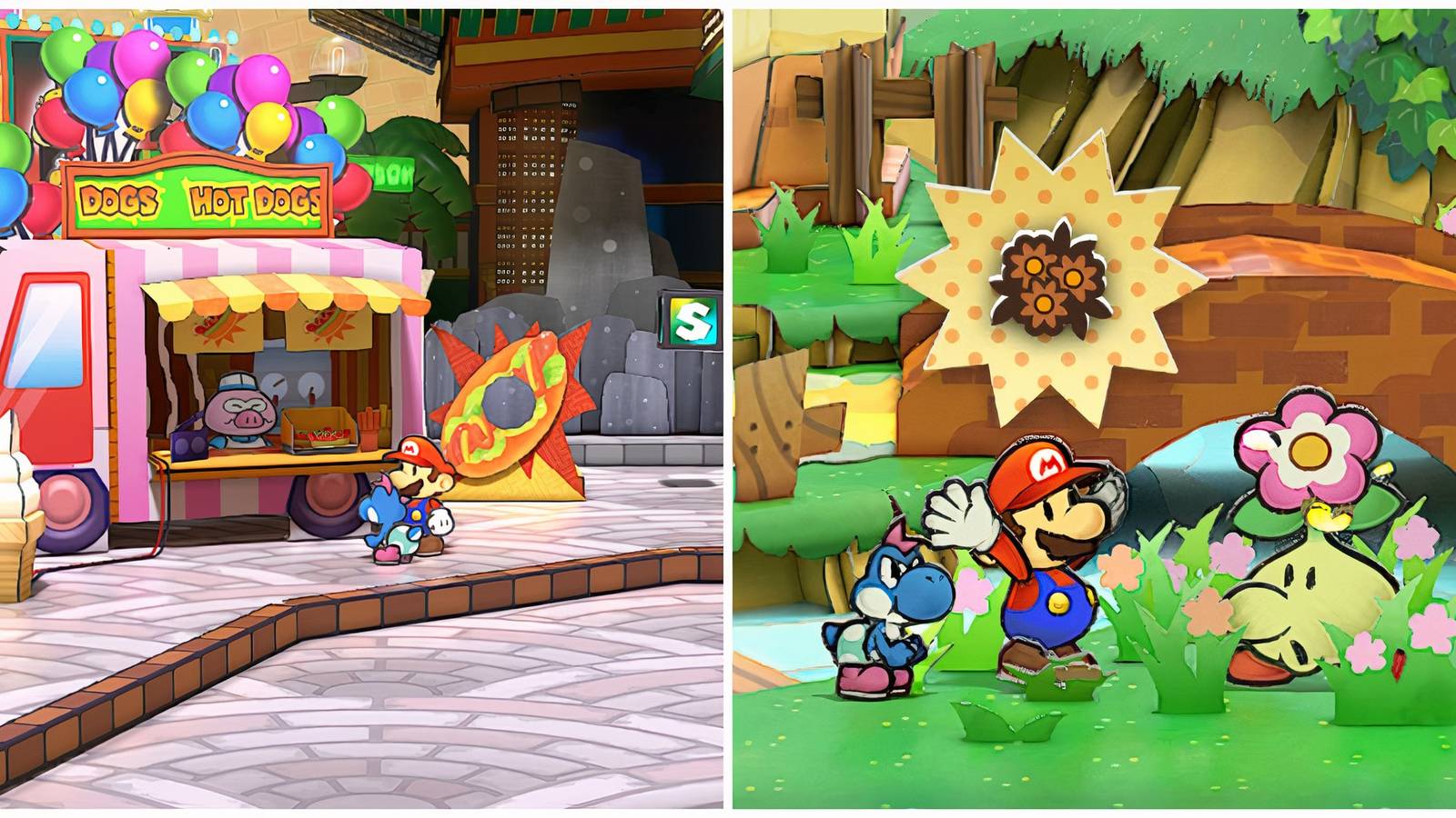 Split image of a hot dog stand and Mario with Bub-ulber after getting some Dried Bouquets in Paper Mario TTYD