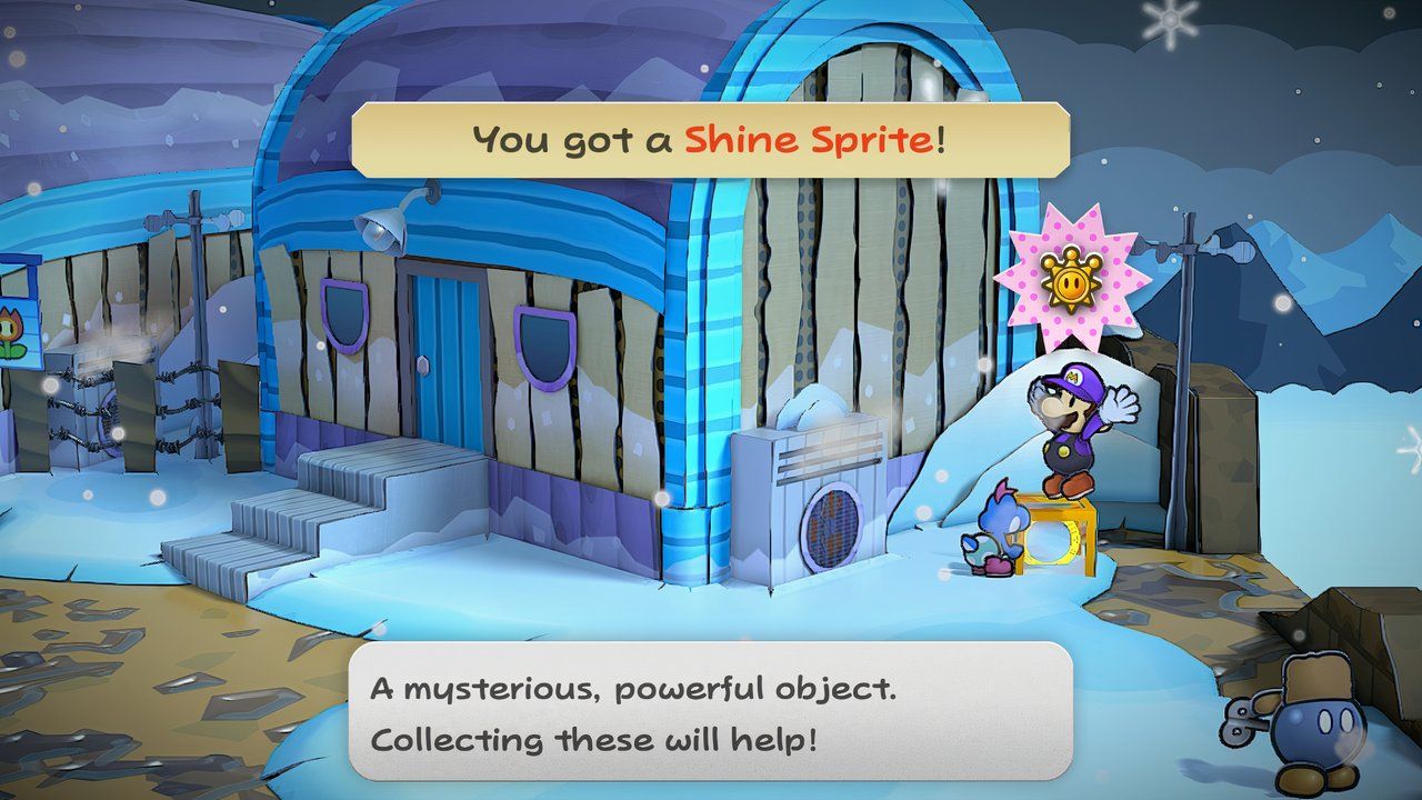 Image of the shine sprite buried in the snow in Paper Mario TTYD