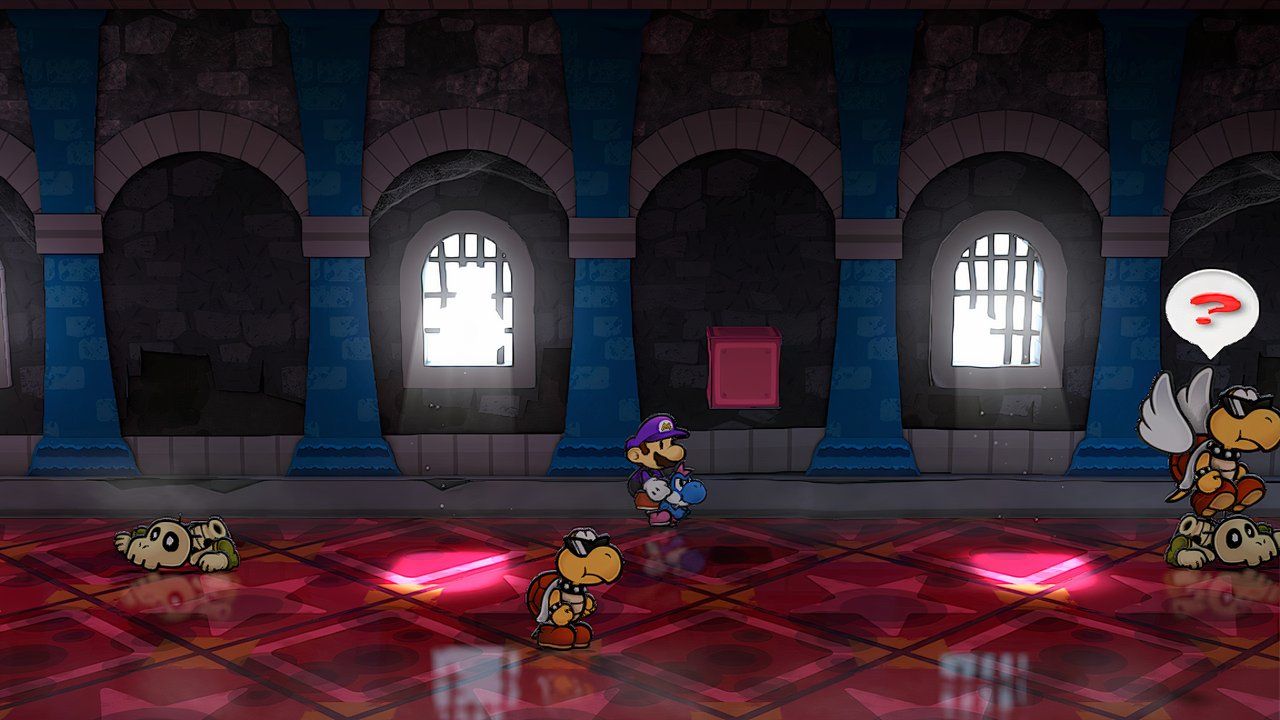 Image of the location where the shine sprite can be found in Hooktail Castle's main room in Paper Mario TTYD