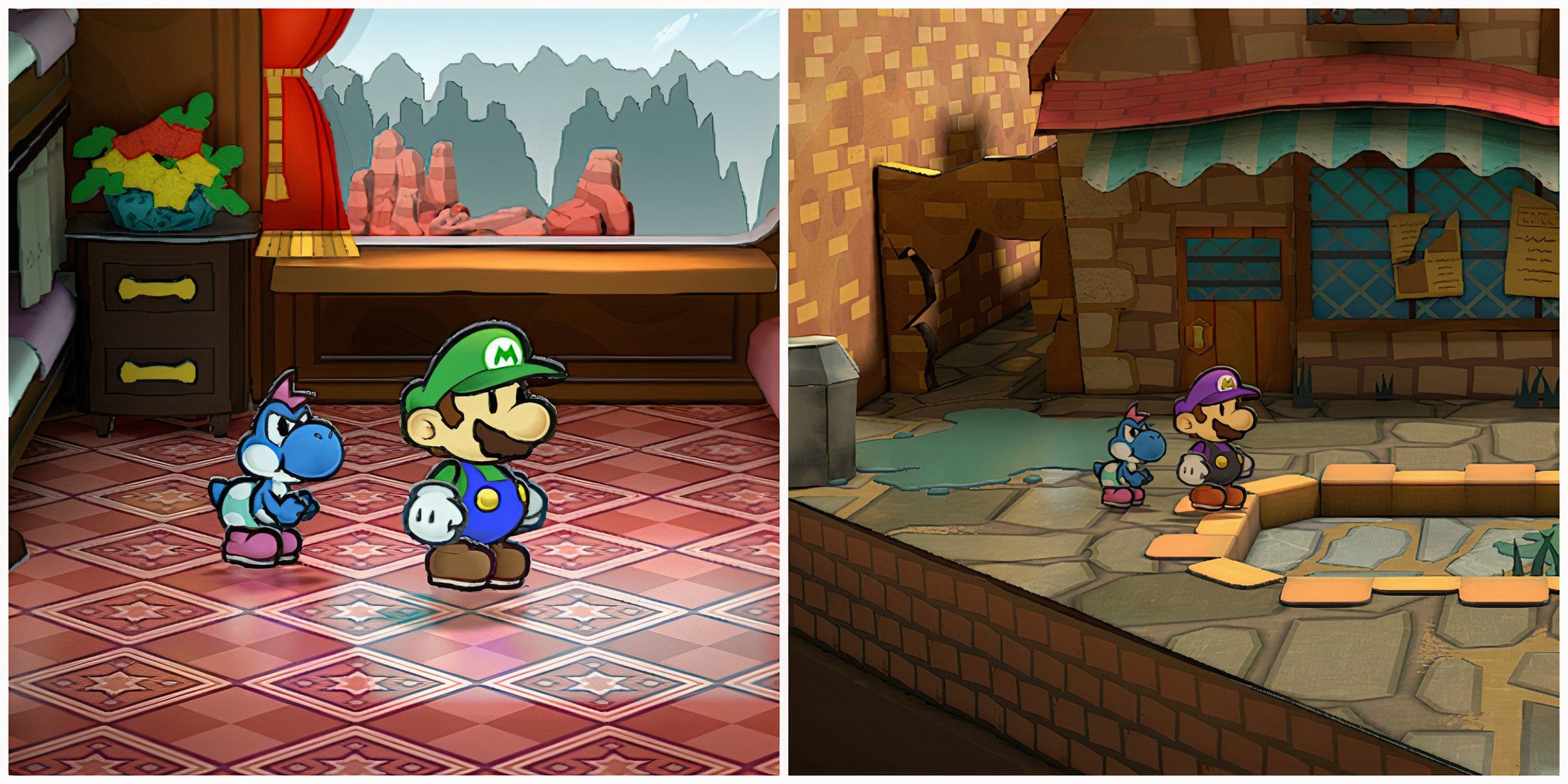 Split image of Mario wearing the L Emblem and Mario in the Waluigi costume in Paper Mario TTYD