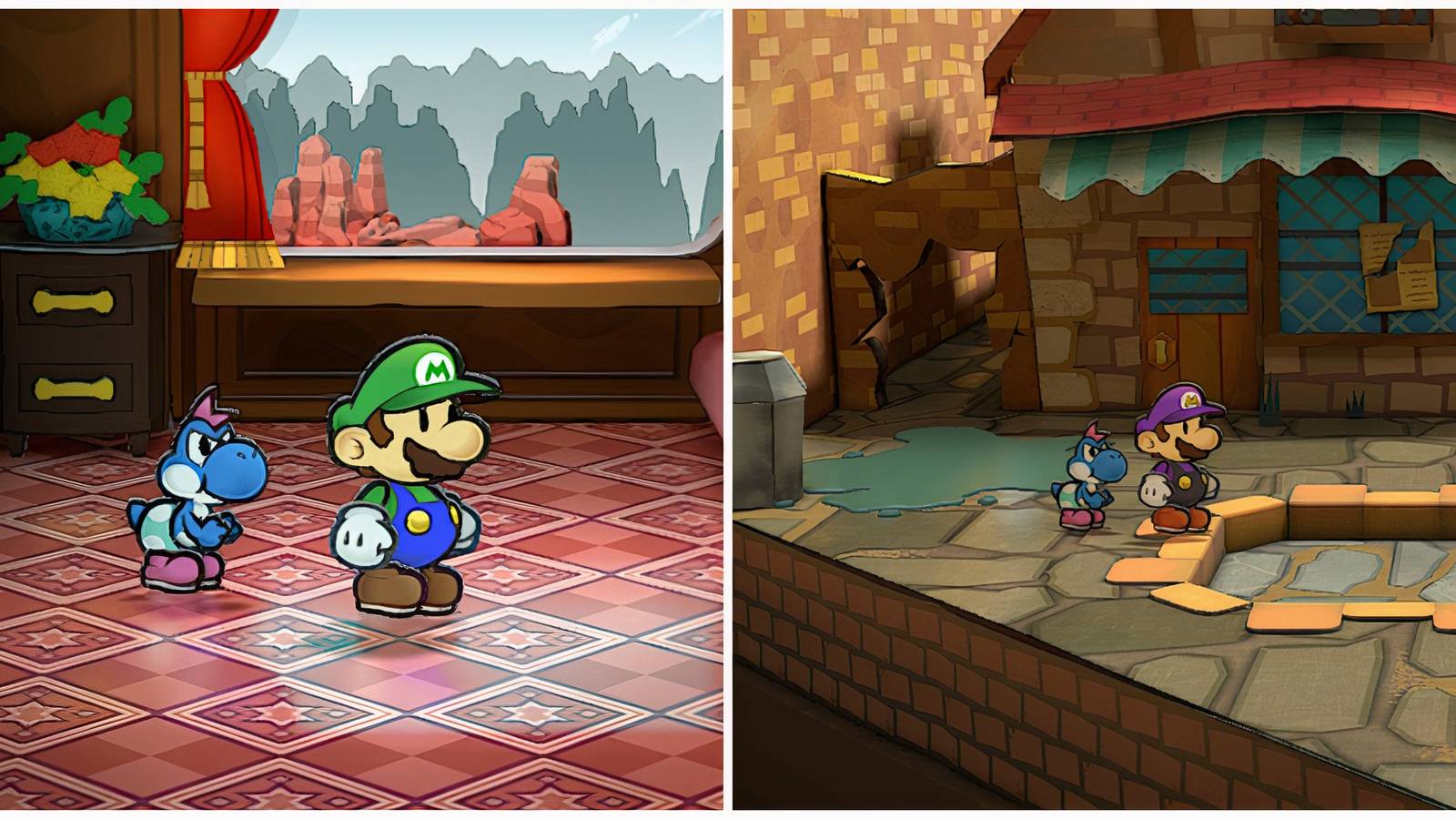 Split image of Mario wearing the L Emblem and Mario in the Waluigi costume in Paper Mario TTYD