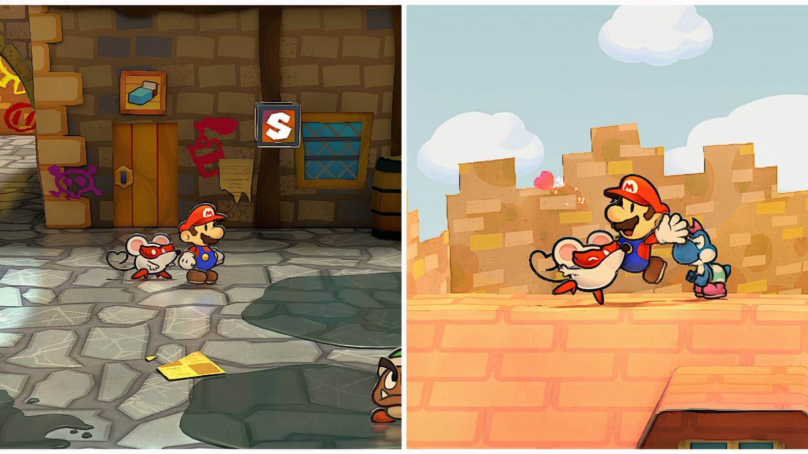 Split image of Mario and Ms. Mowz together in Rogueport and in a cutscene in Paper Mario The Thousand Year Door