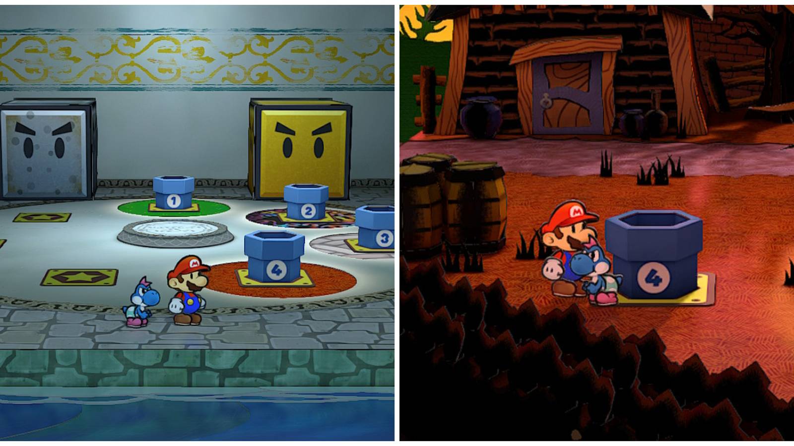 Split image of Mario and Yoshi in the Pipe Room for fast traveling and arriving in Twilight Town from the Pipe Room in Paper Mario The Thousand Year Door