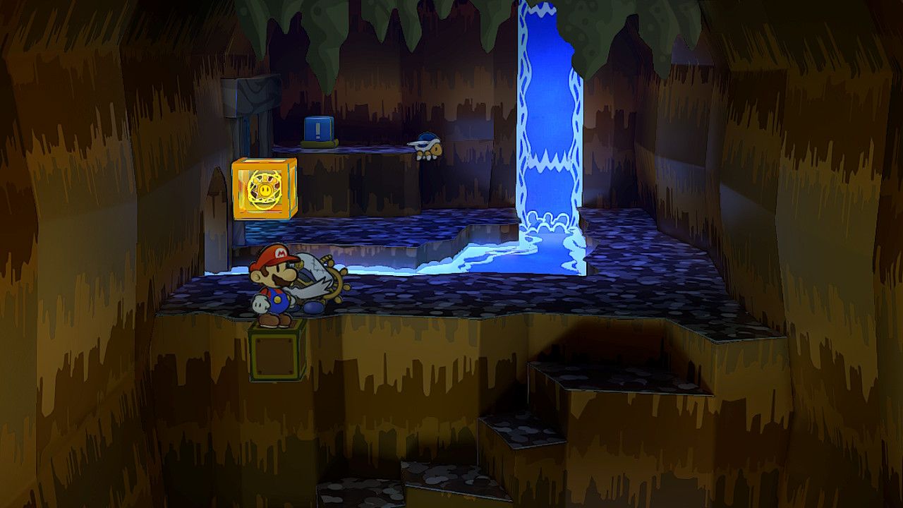 Image of the shine sprite near a waterfall in Paper Mario TTYD