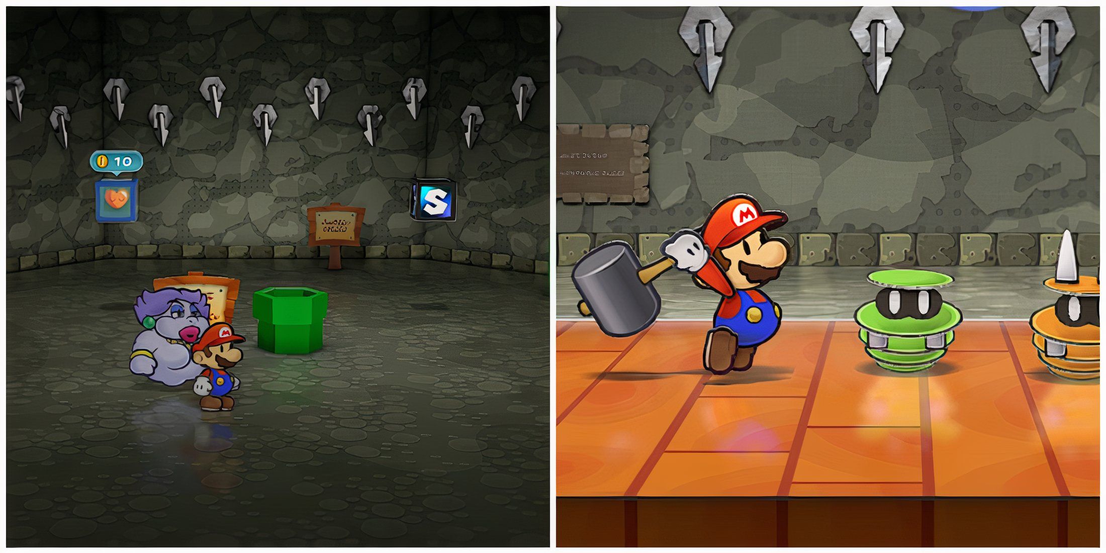 Split image of Mario and Madame Flurrie at the Pit of 100 Trials entrance and Mario in battle with Spinia and Spania in Paper Mario The Thousand Year Door