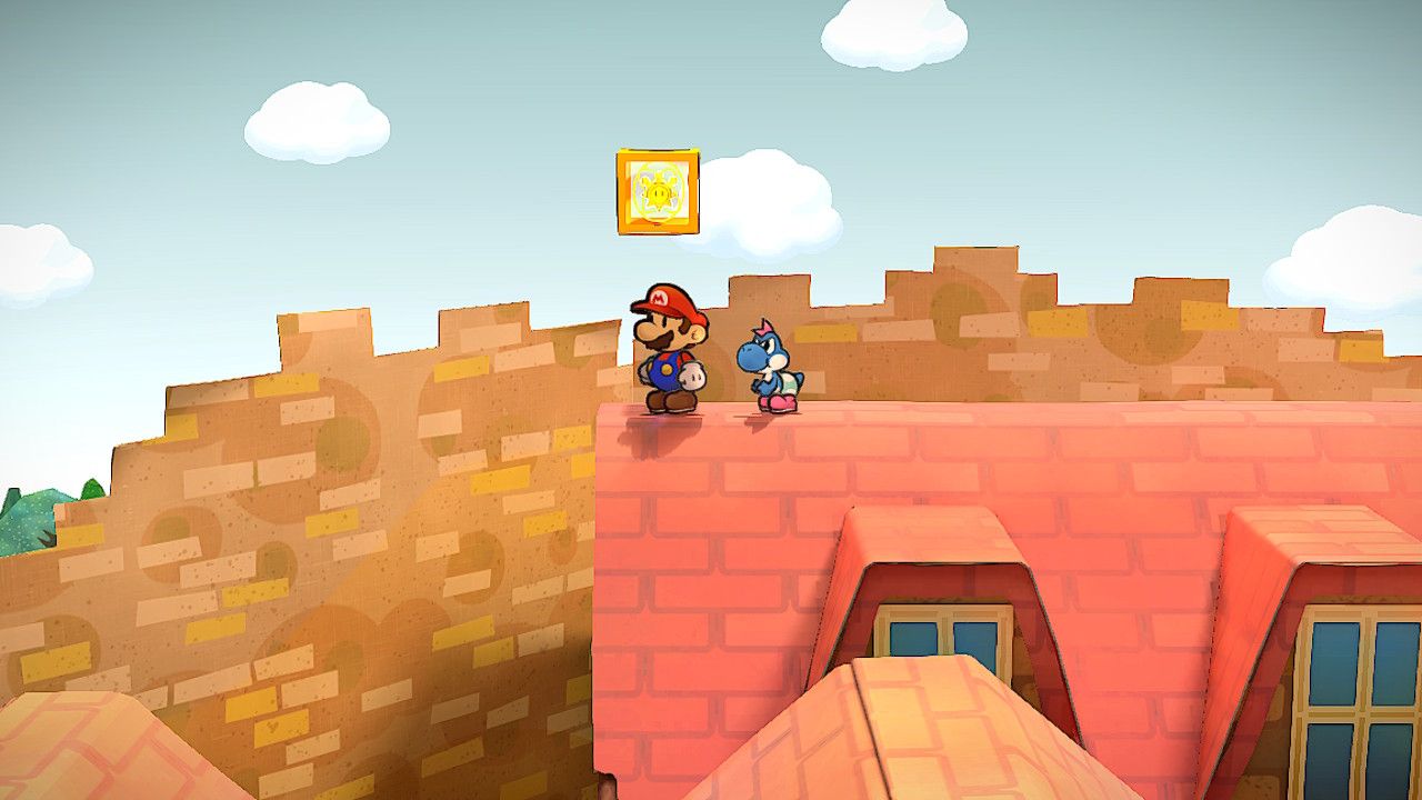 Image of the shine sprite on the red roof in Paper Mario TTYD