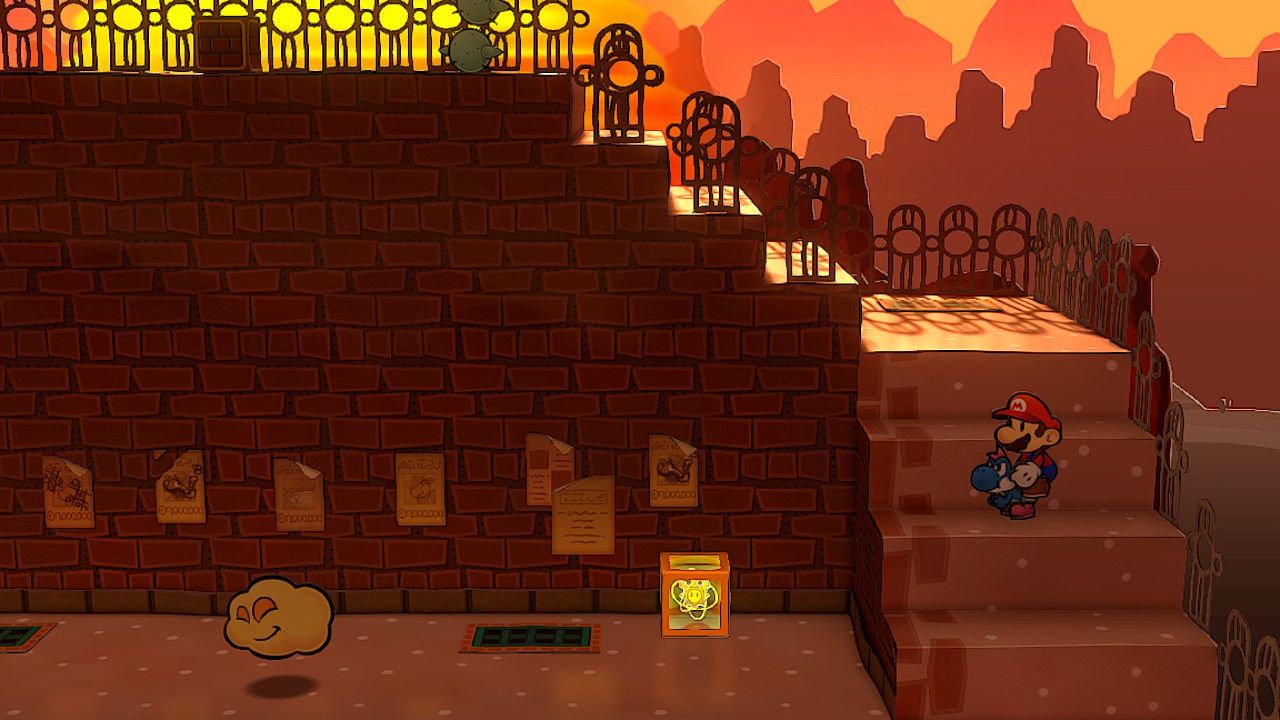 Image of the shine sprite hidden behind the riverside station steps in Paper Mario TTYD