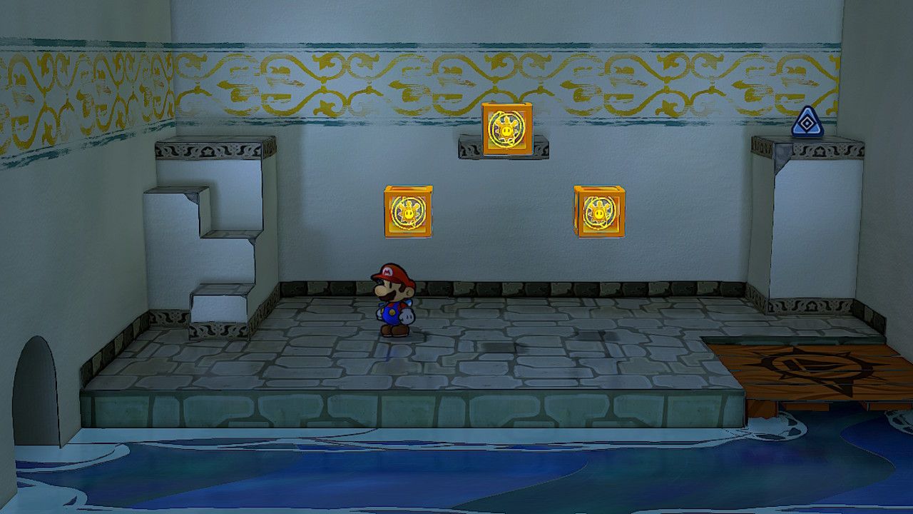 Image of the hidden room in Rogueport Sewers with three shine sprites in Paper Mario TTYD