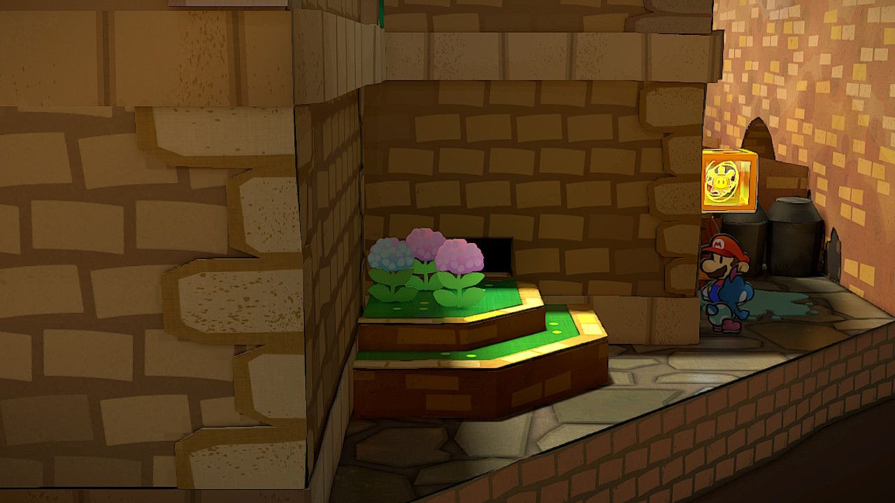 Image of a shine sprite hidden behind a house in Rogueport in Paper Mario TTYD