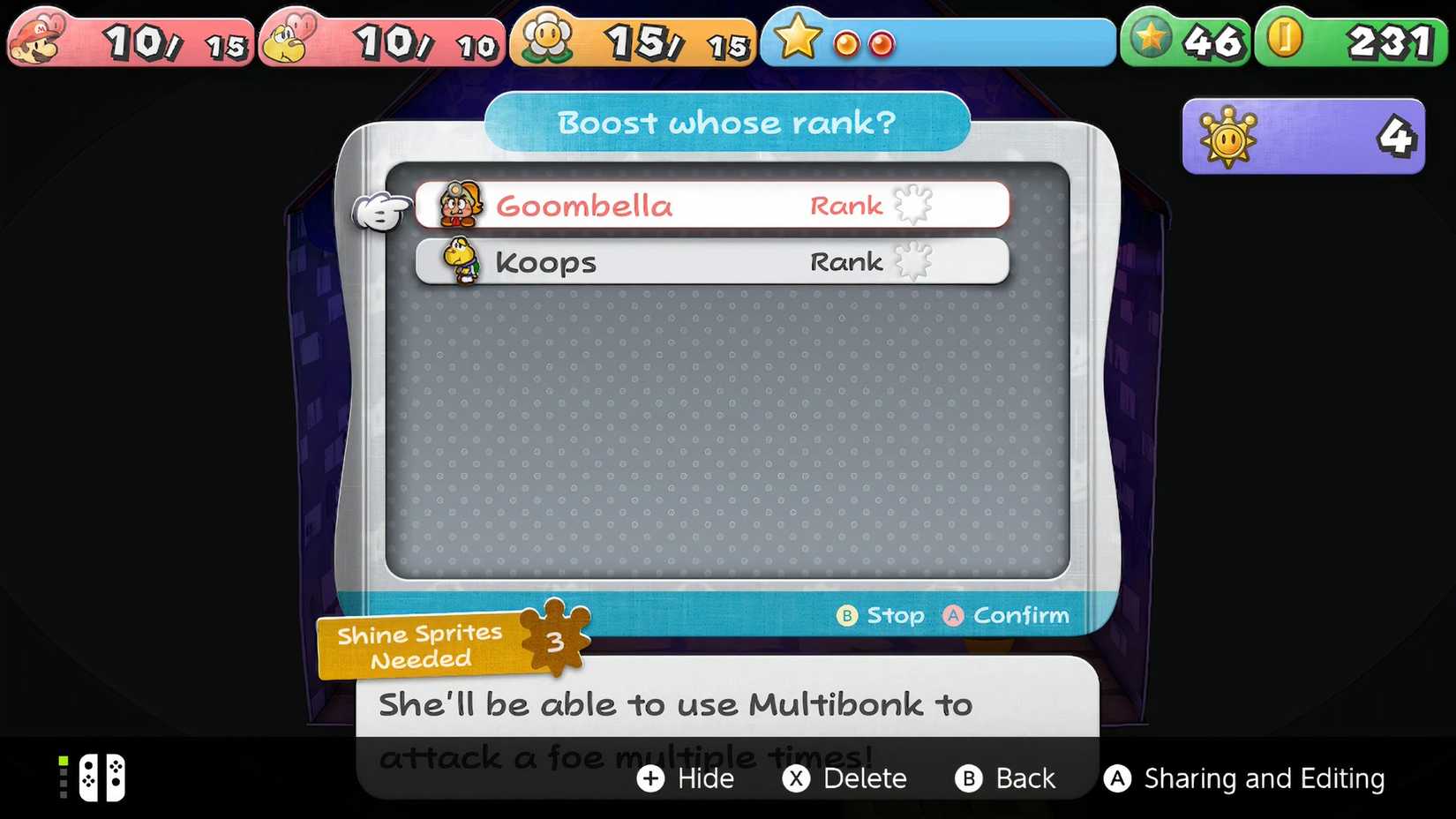 Paper Mario: The Thousand-Year Door - Merlon Partner Rank-Up Menu