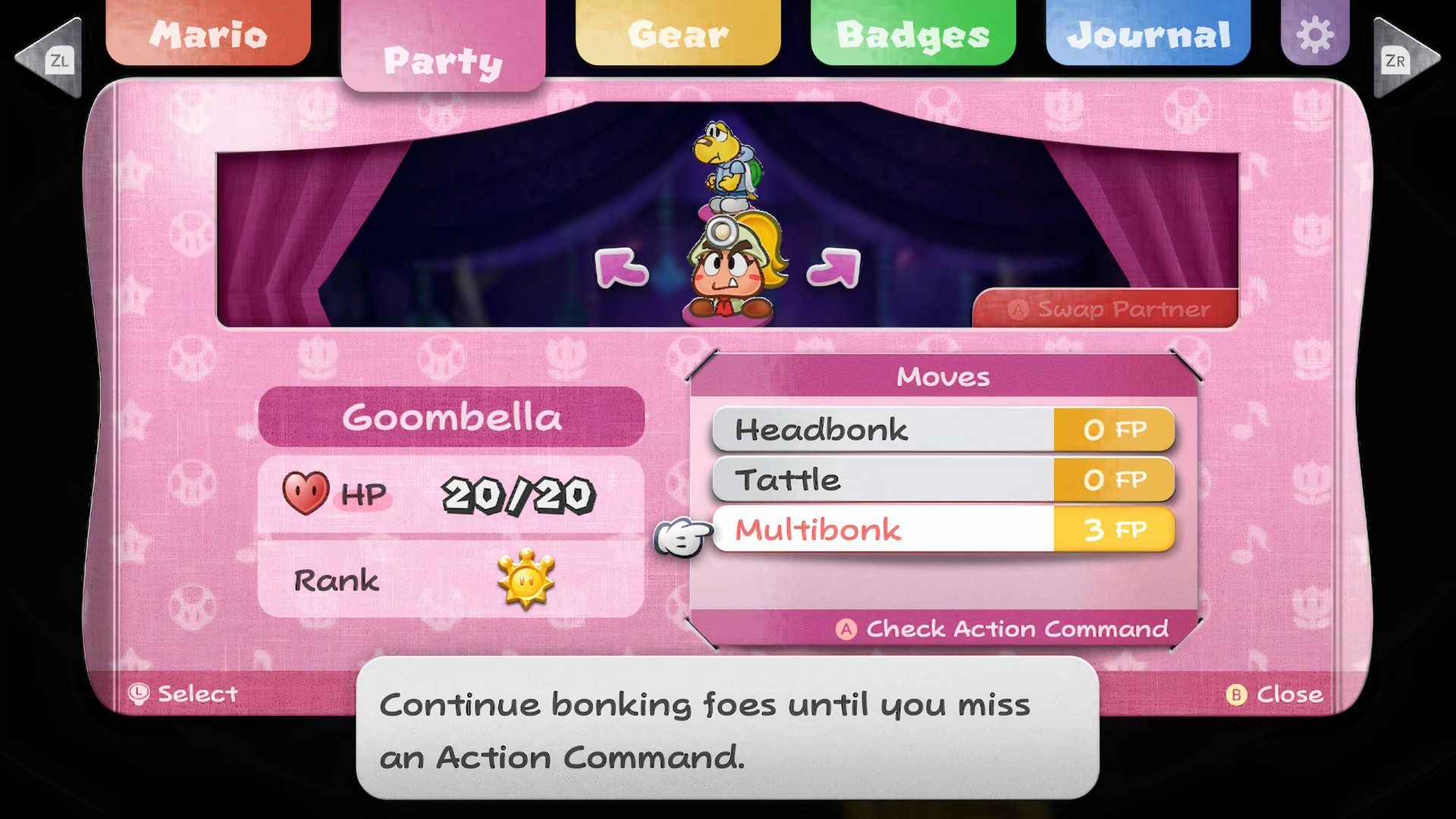 Paper Mario: The Thousand-Year Door - Party Menu, Goombella Rank 1 