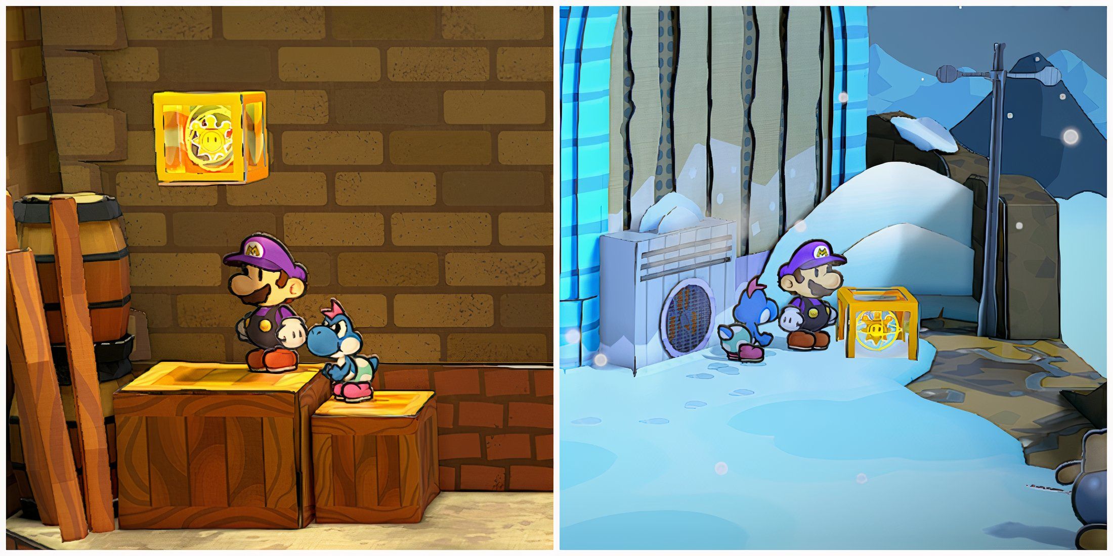 Split image of a shine sprite in Rogueport and a shine sprite in the Fahr Outpost in Paper Mario TTYD