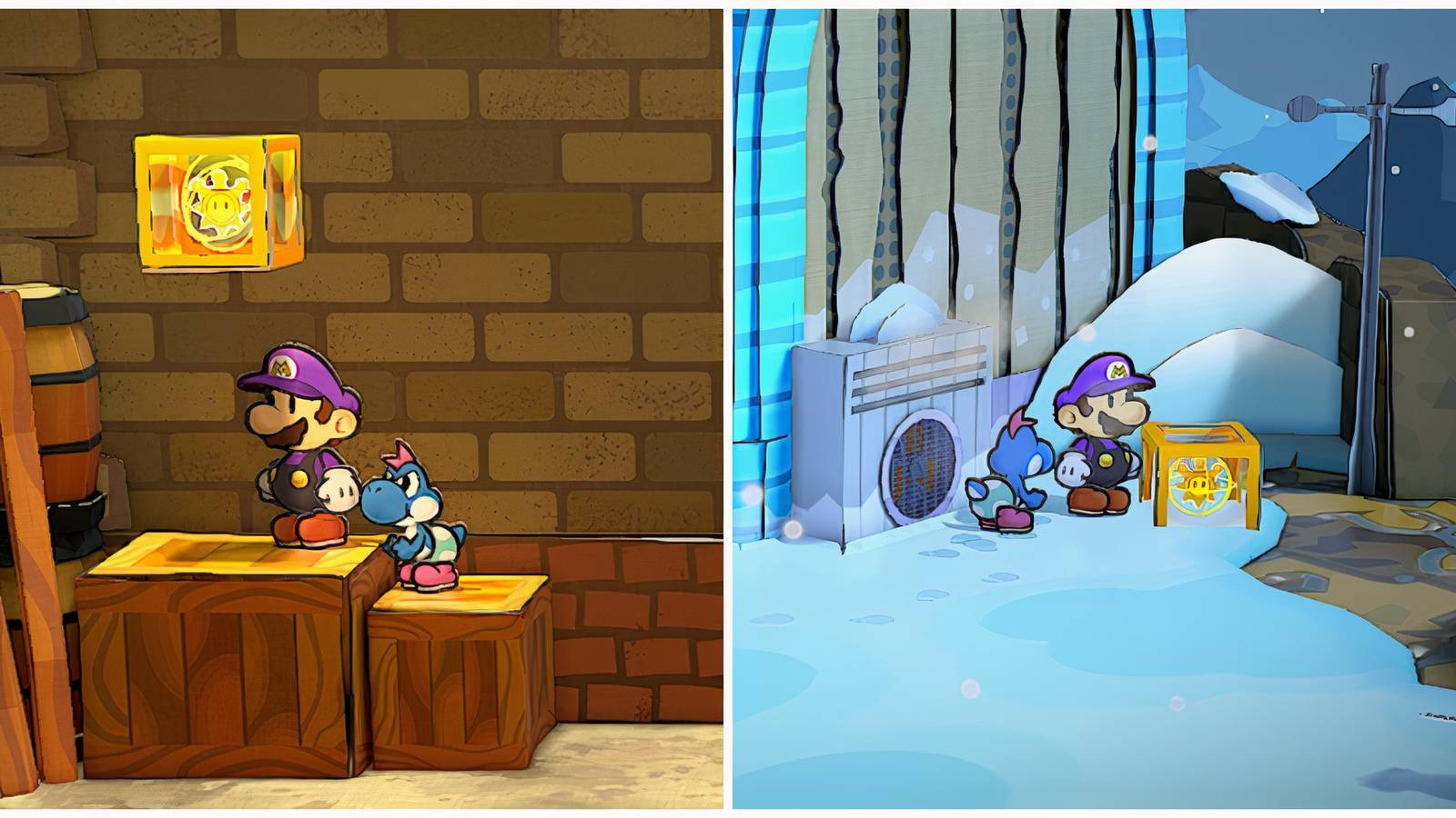 Split image of a shine sprite in Rogueport and a shine sprite in the Fahr Outpost in Paper Mario TTYD
