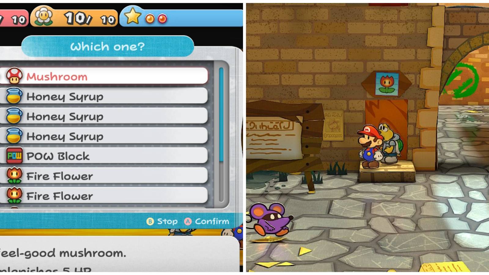 Split image of Mario storing items and the entrance to a shop in Paper Mario The Thousand Year Door