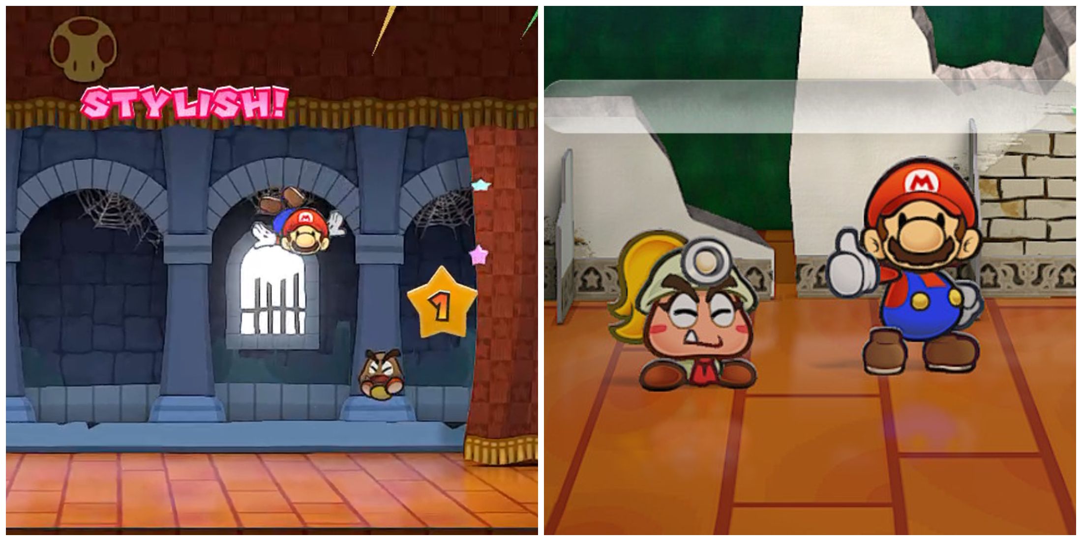 Split image of Mario performing a stylish move and Mario and Goombella after a battle in Paper Mario The Thousand Year Door