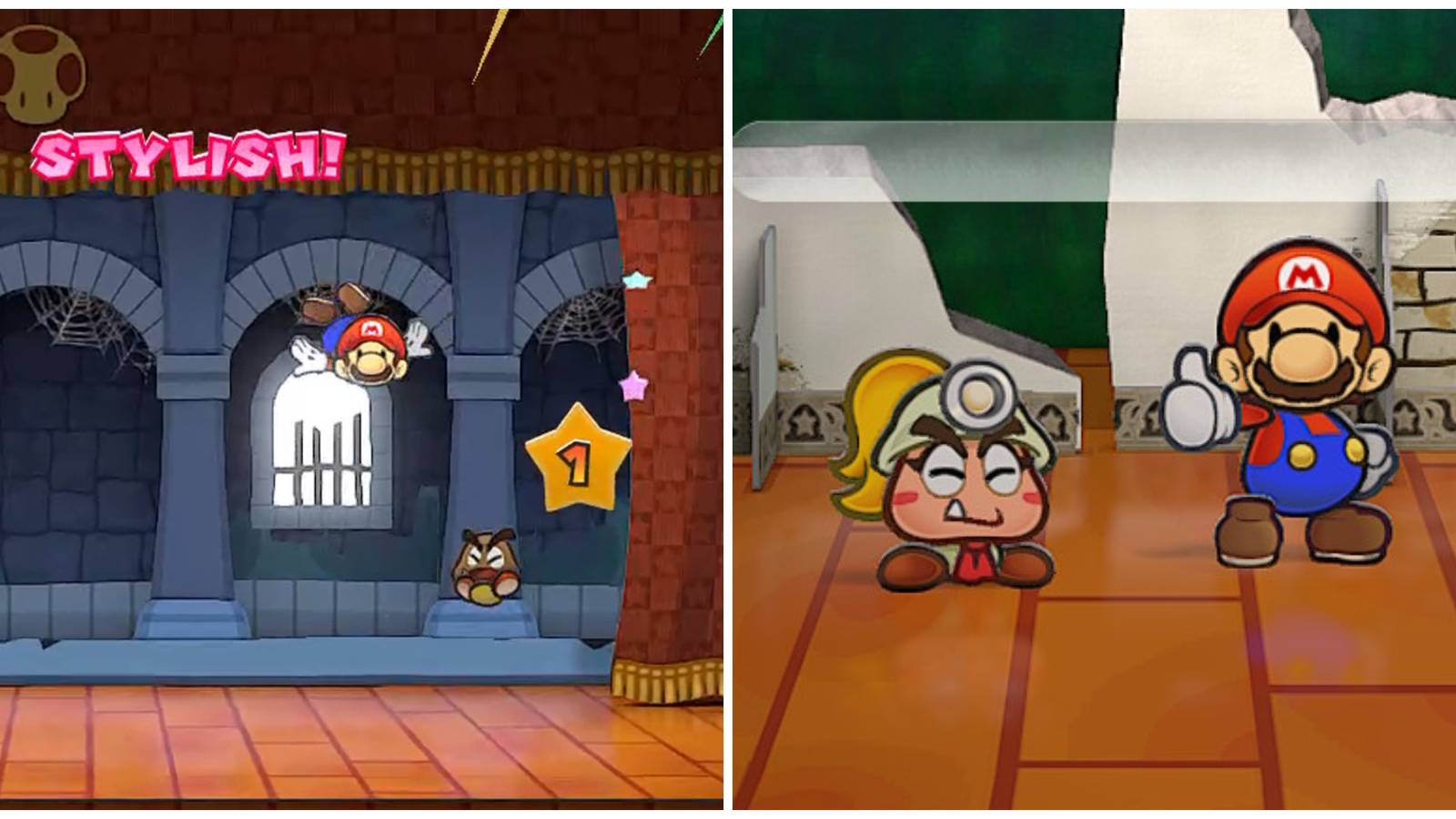 Split image of Mario performing a stylish move and Mario and Goombella after a battle in Paper Mario The Thousand Year Door