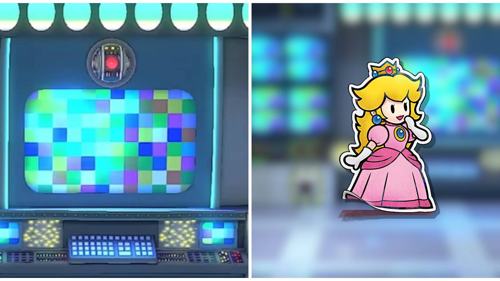 Split image of TEC and Peach from Paper Mario TTYD
