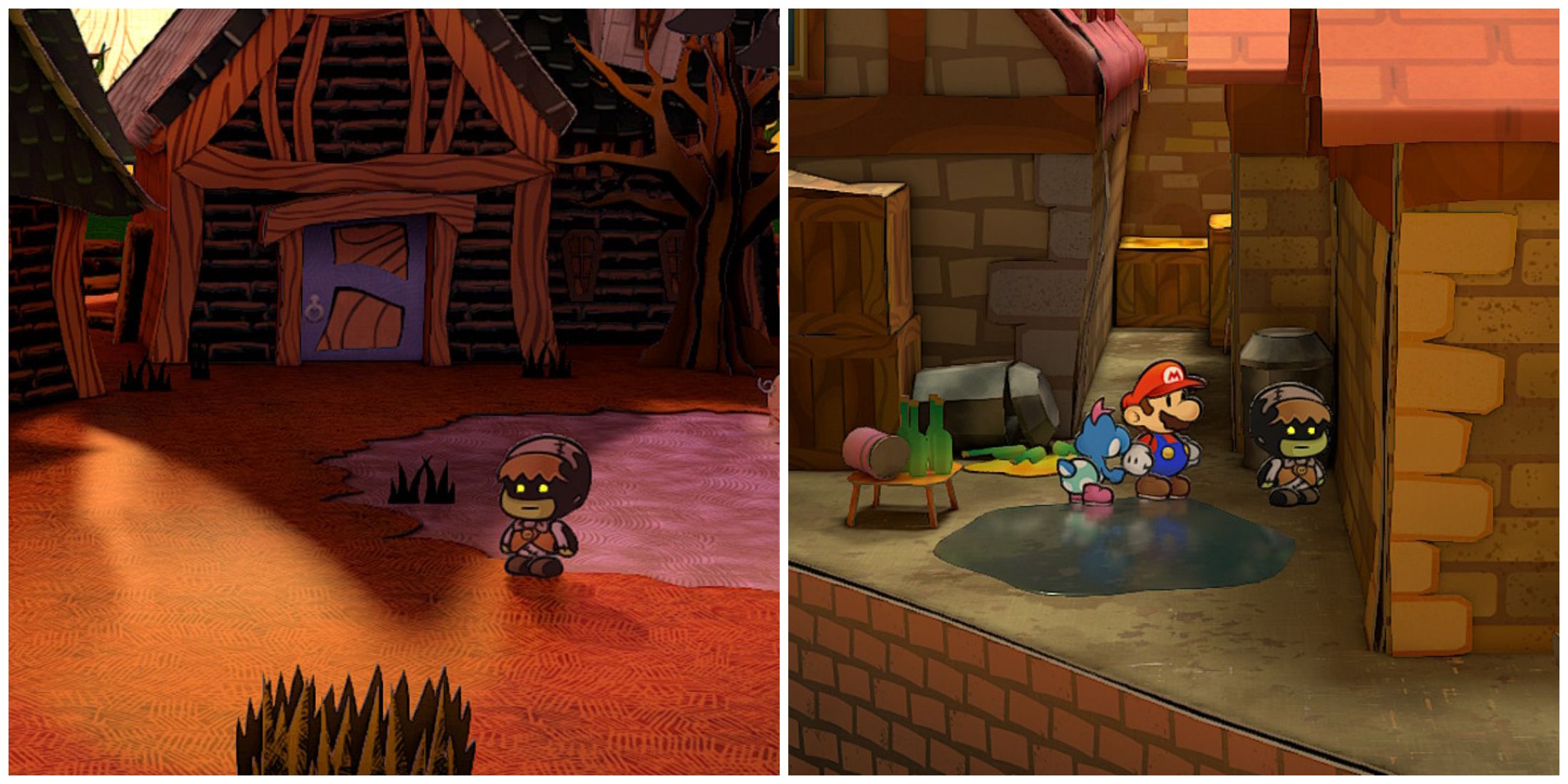 Split image of Twilight Town and Mario with Darkly in Paper Mario The Thousand Year Door