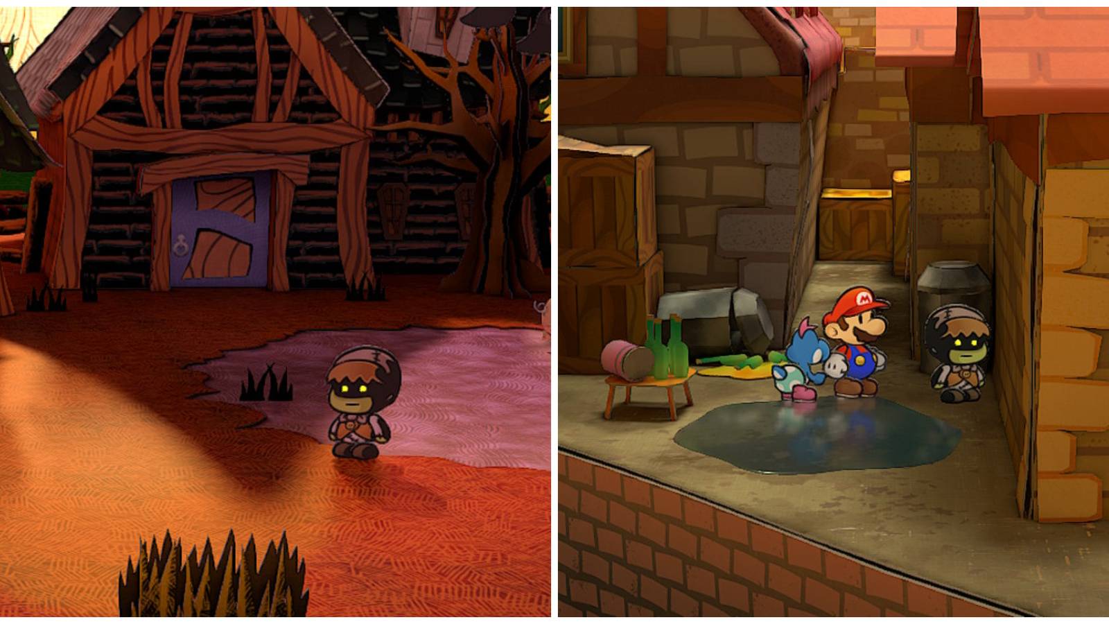 Split image of Twilight Town and Mario with Darkly in Paper Mario The Thousand Year Door