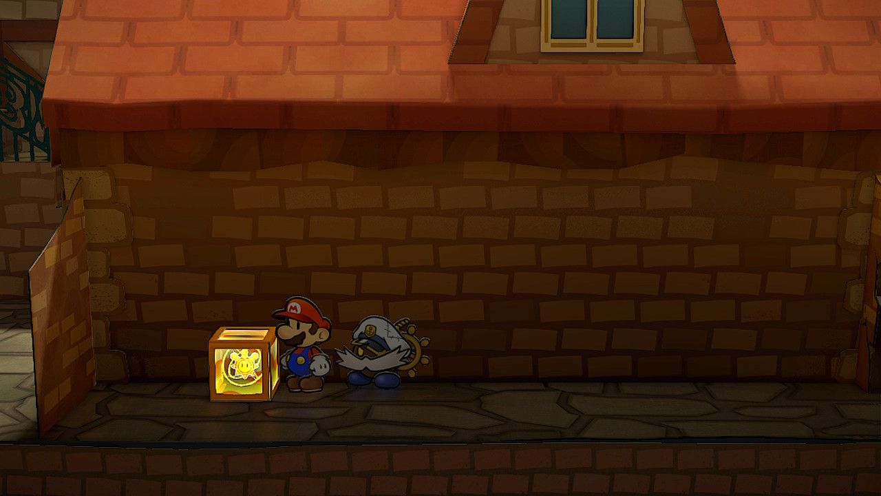 Image of the shine sprite next to the rogueport western store in Paper Mario TTYD