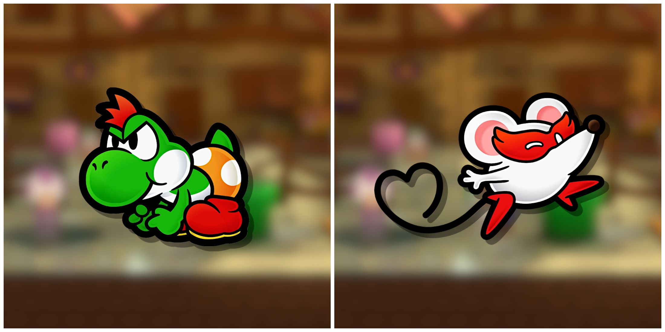 Split image of the characters Yoshi and Ms. Mowz in Paper Mario The Thousand Year Door