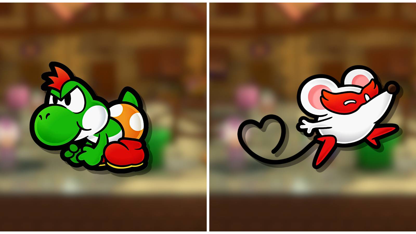 Split image of the characters Yoshi and Ms. Mowz in Paper Mario The Thousand Year Door