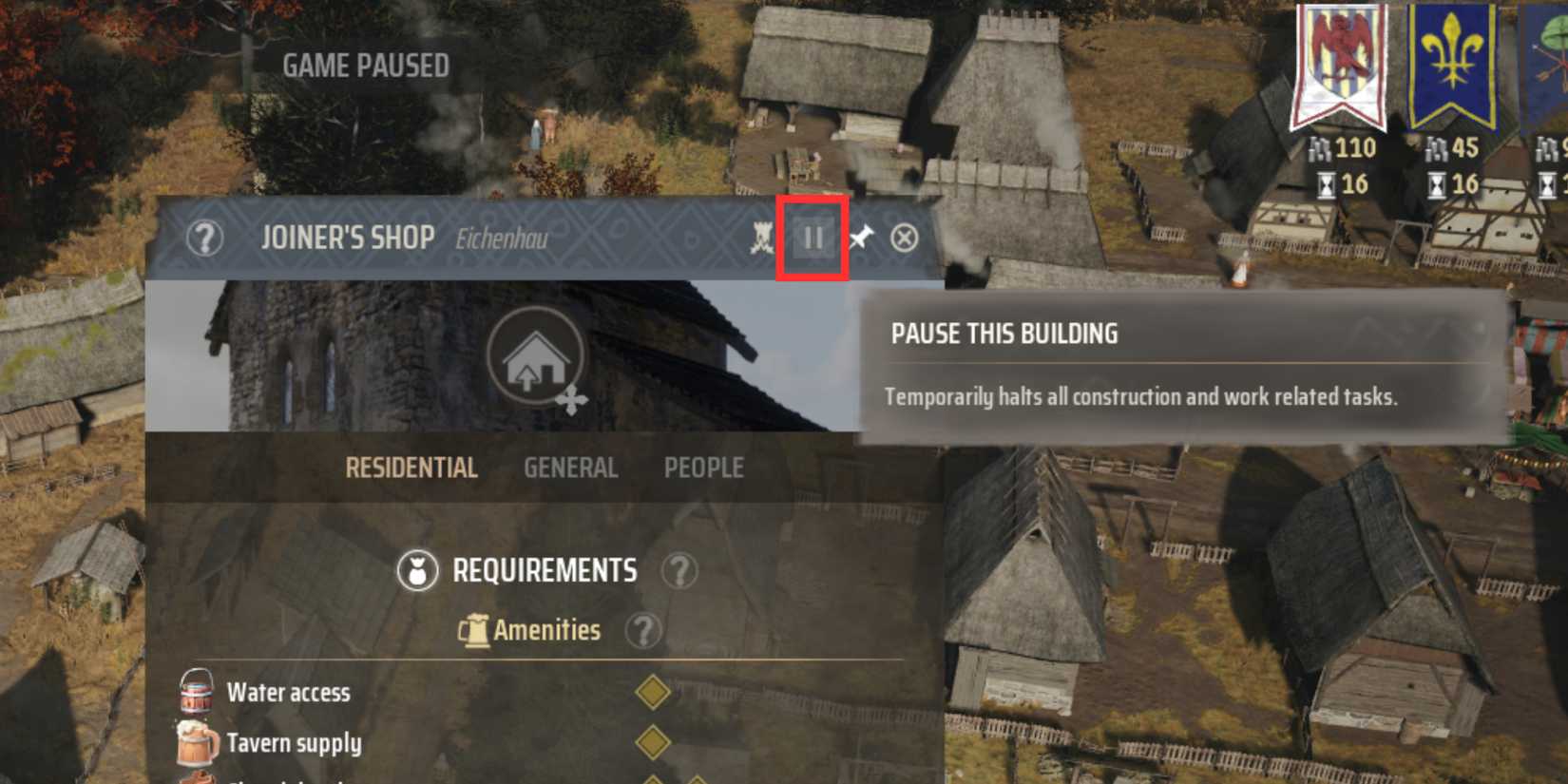 pausing a joiner's workshop in manor lords