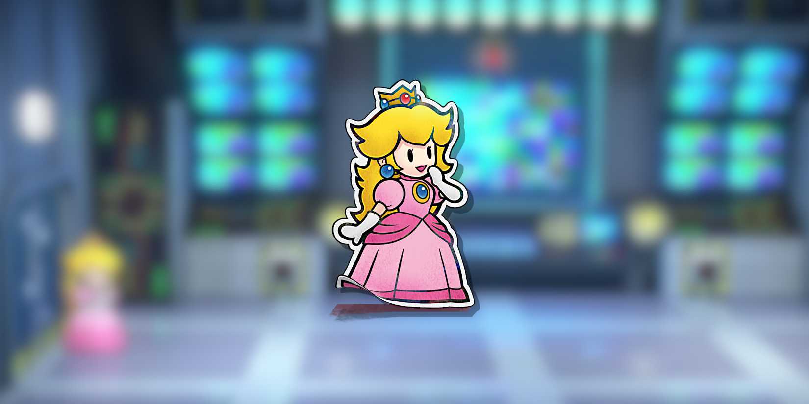 Image of Peach in the foreground and TEC in the background from Paper Mario TTYD