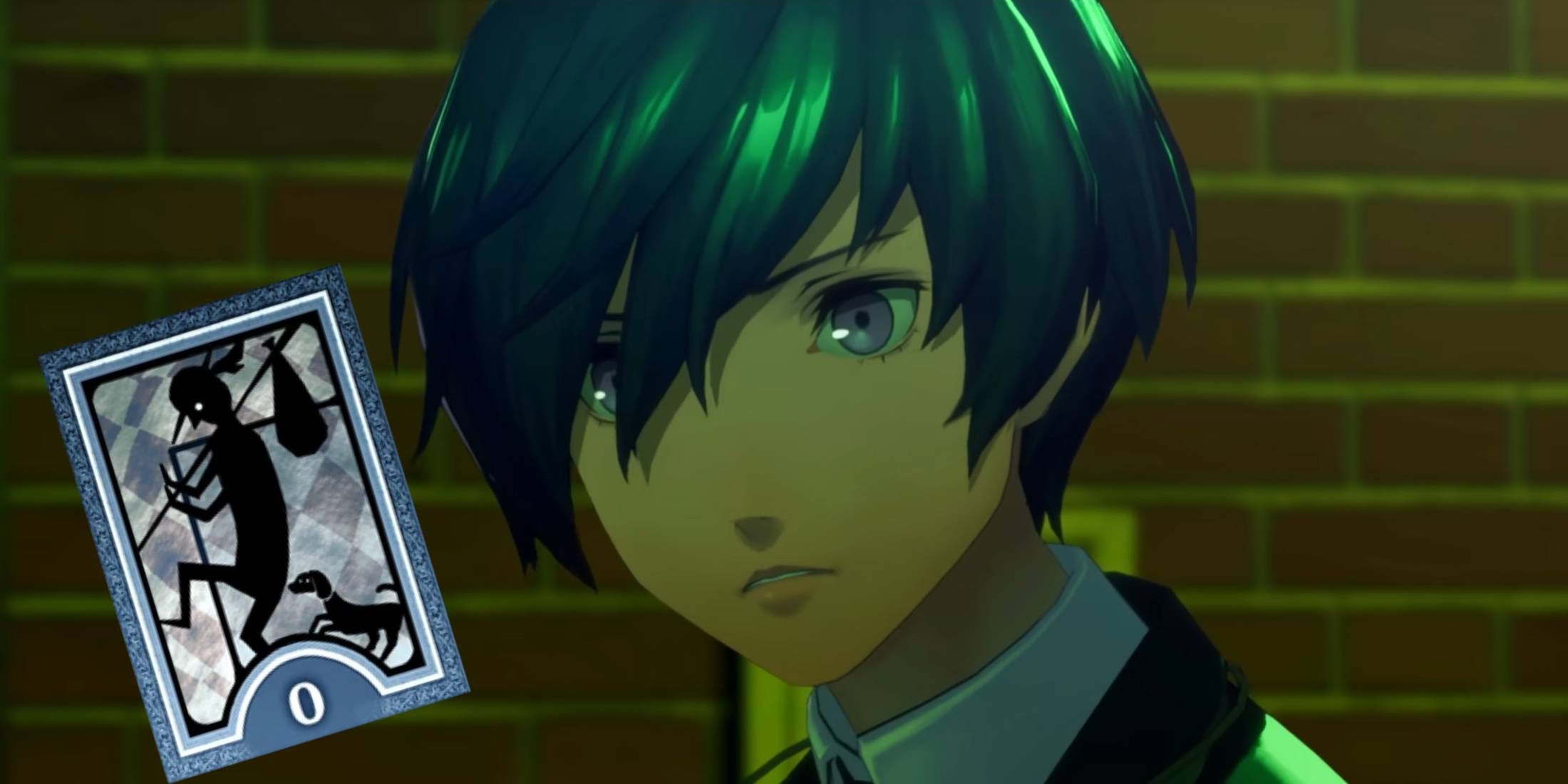 Persona 3 Reload's protagonist looking at the card of the Fool Arcana