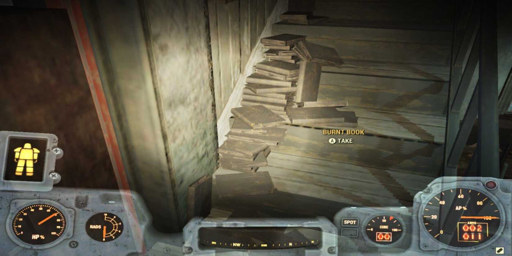 Picking Up a Burnt Book from Summersville to scrap it for Cloth in Fallout 76