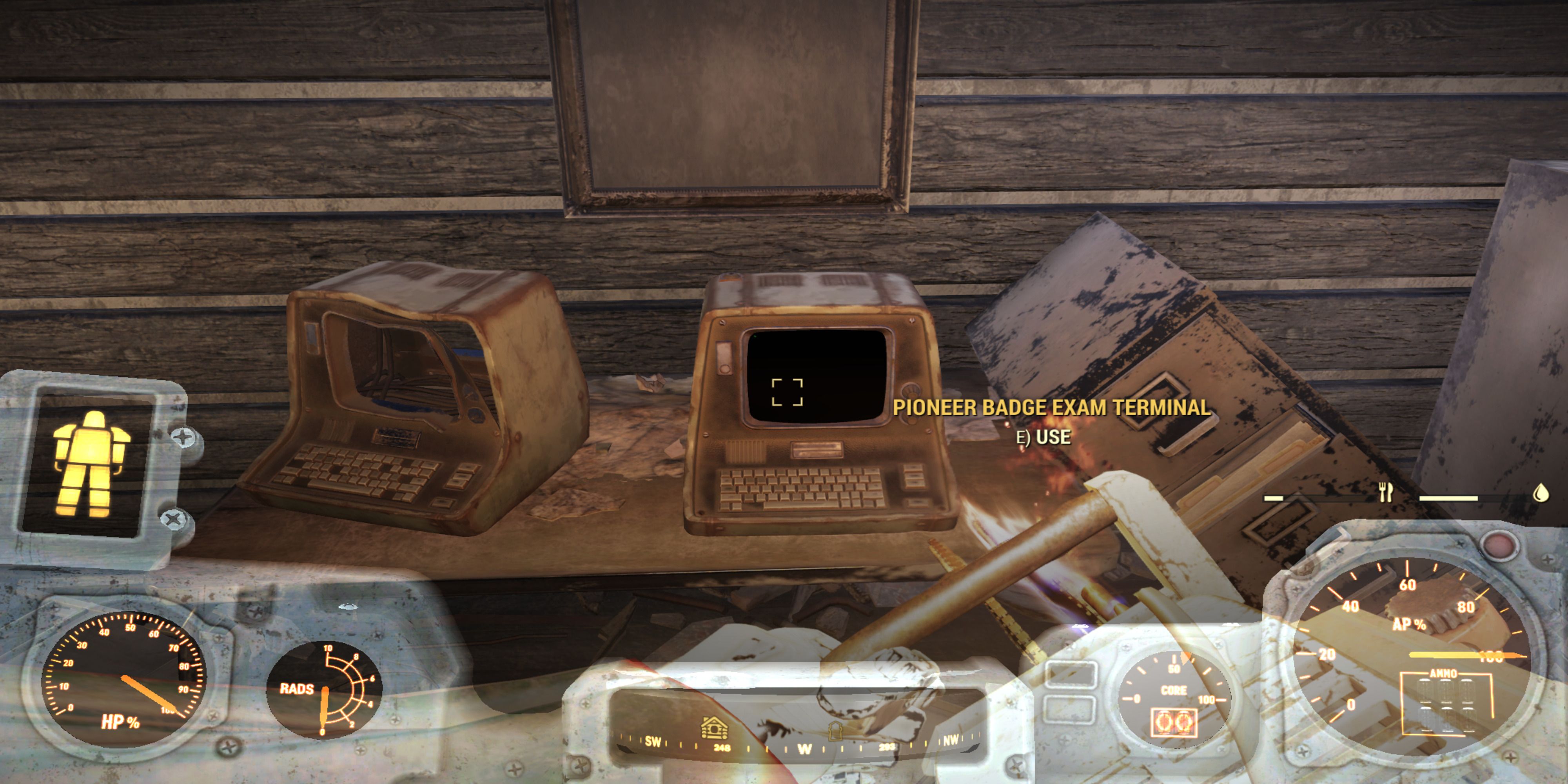 Accessing the Pioneer Badge Exam Terminal to take the Possum Exams in Fallout 76