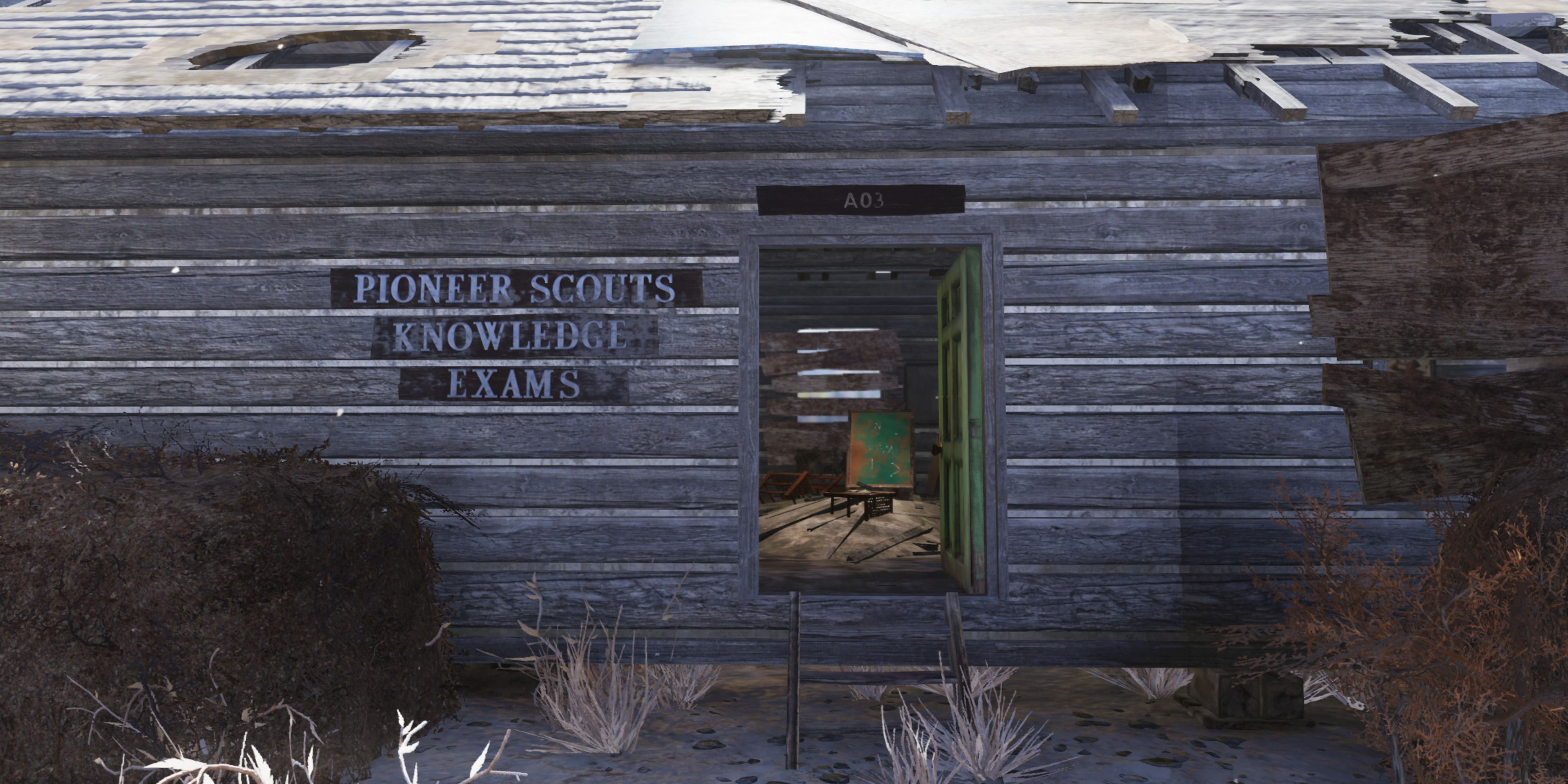 Entering the Pioneer Scouts knowledge exams building to take Possum exams in Fallout 76