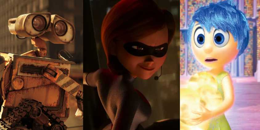 Wall-E outside; Elastigirl on a mission at night; Joy holding Core Memories