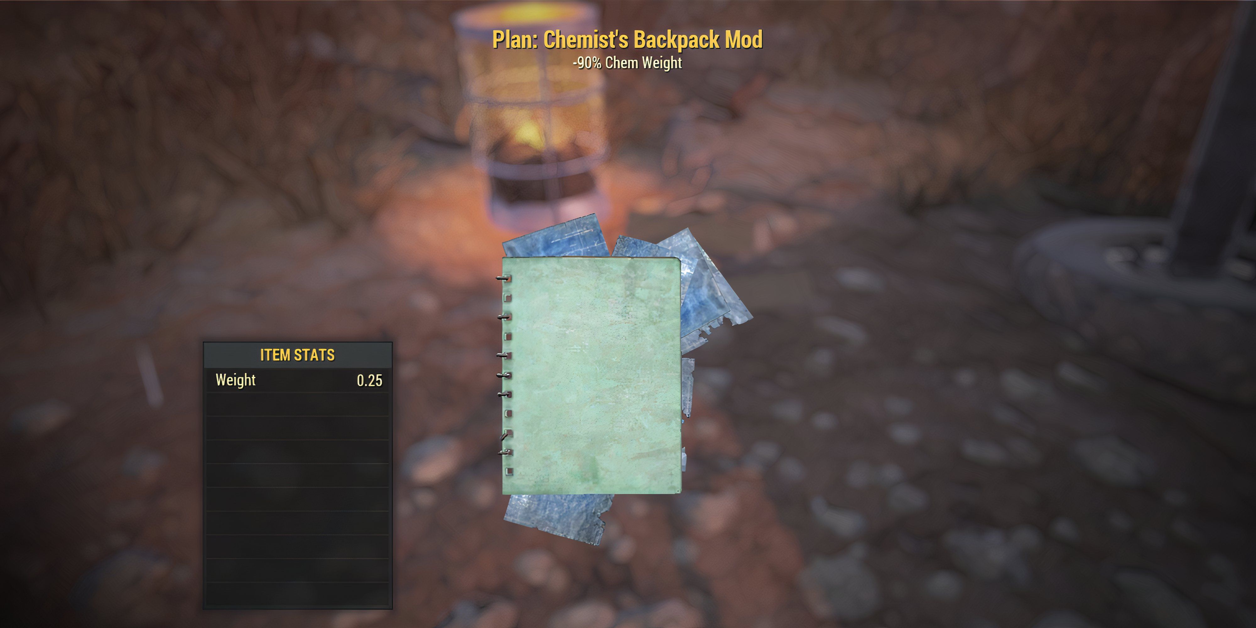 Inspecting the Plan for the Chemist's Backpack Mod in Fallout 76